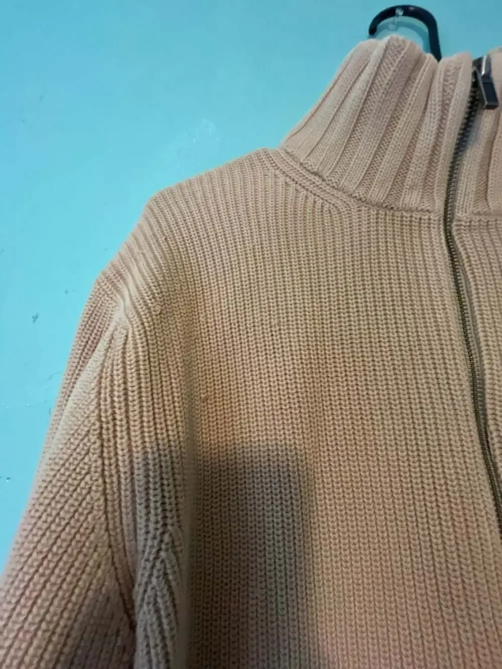 Banana Republic Men's Full Zip Ribbed Knit Mock Neck Sweater Beige